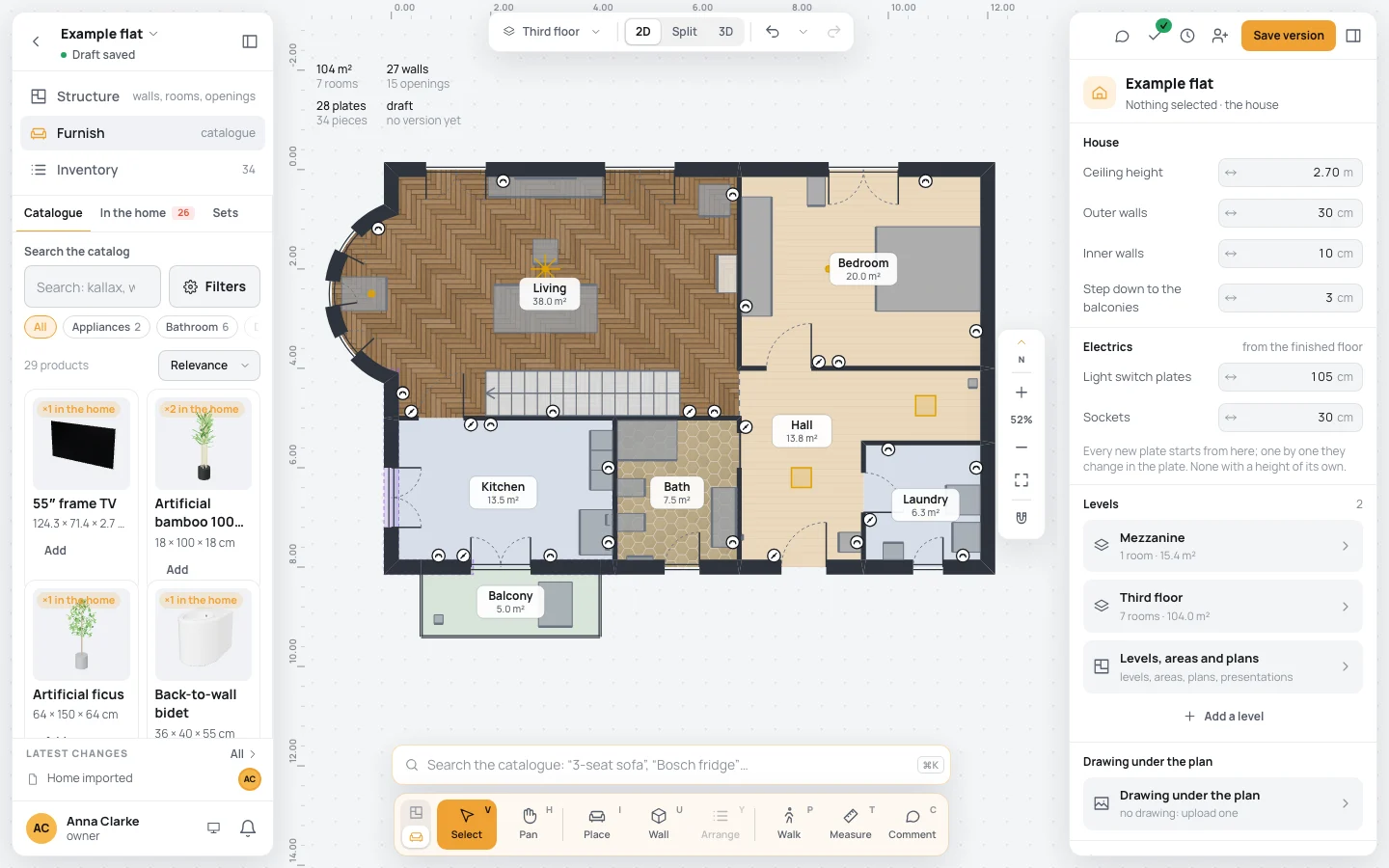 Furnish on the example flat: the catalogue in the left panel with its tabs, the search, the categories, the cards; the plan in the middle
