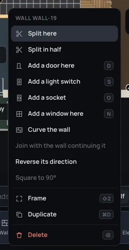 A wall's right-click menu, with Add a light switch and Add a socket between Add a door here and Add a window here