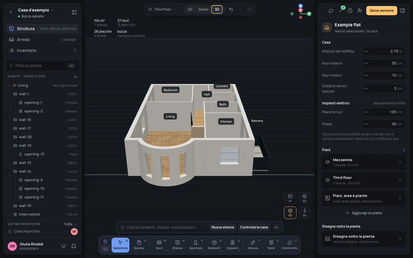 Il 3D da ovest: il bovindo curvo davanti, la casa dietro