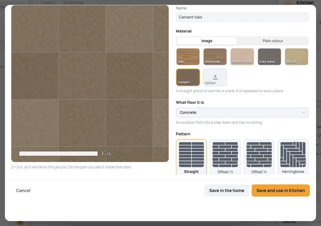 Make a floor: the 2 × 2 m preview of cement tiles 60 × 60 cm, laid straight; on the right Name, Material with the samples, What floor it is, Pattern