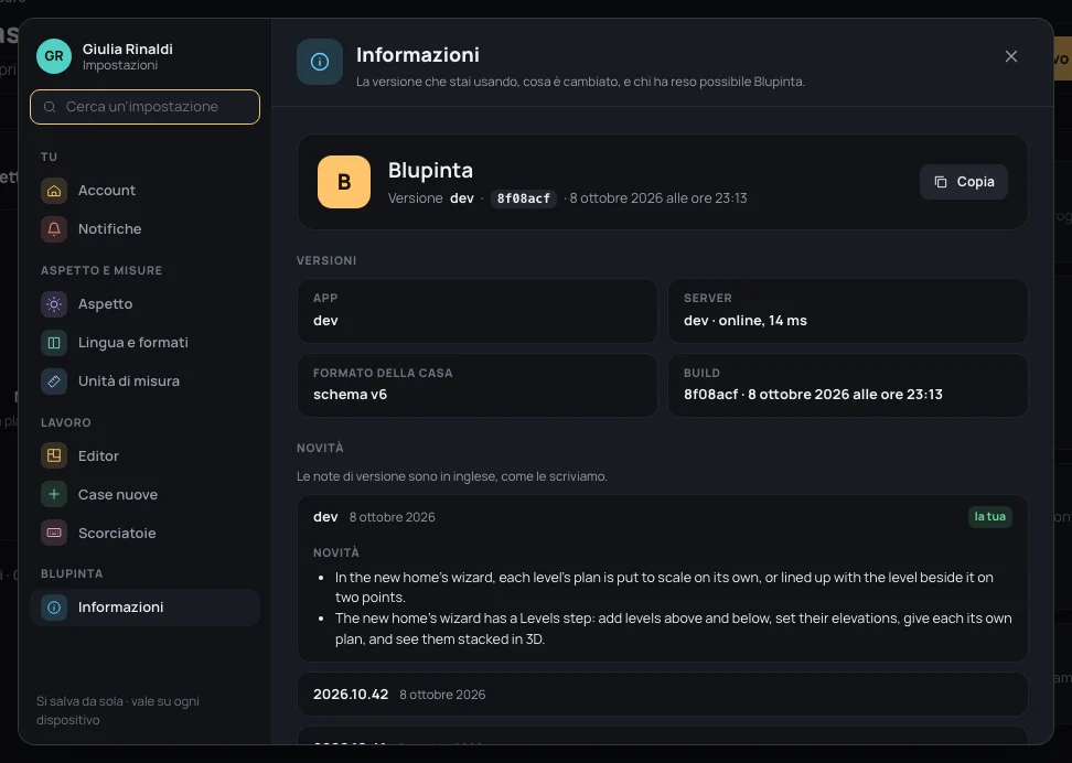 Informazioni: la versione con Copia, le versioni in uso e le Novità