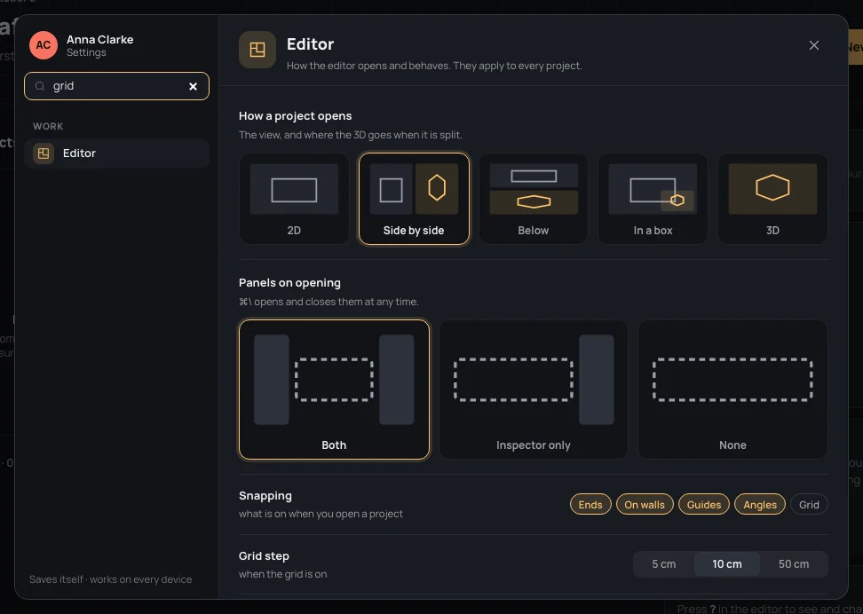 The settings' search with grid typed: only the Editor section is left, and it is open