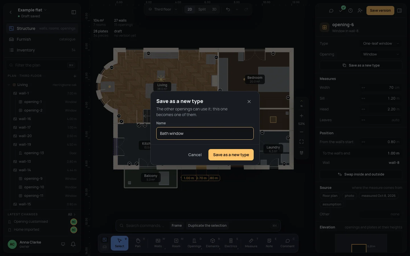 The Save as a new type dialog over the plan, with Bath window as its name