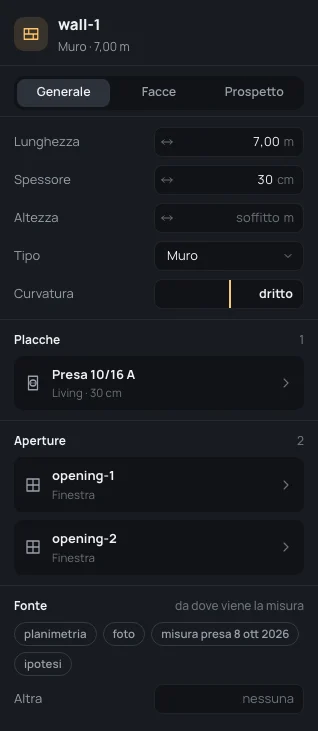 L’ispettore di wall-1: Lunghezza 7,00 m, Spessore 30 cm, Altezza soffitto, Tipo Muro, Curvatura dritto, la sua placca e le sue due aperture