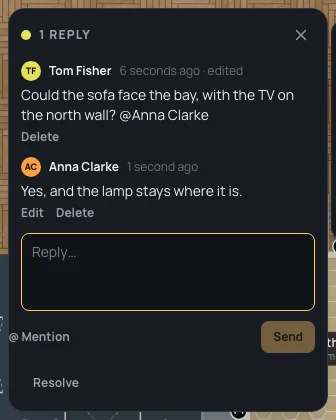 The thread with Tom Fisher's edited message and Anna Clarke's reply: Delete under his, Edit and Delete under hers