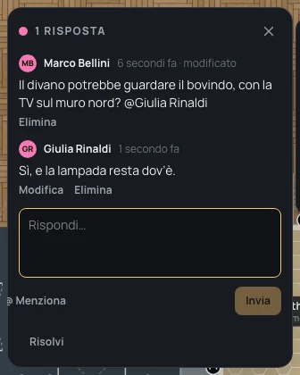 La conversazione con il messaggio modificato di Marco Bellini e la risposta di Giulia Rinaldi: Elimina sotto il suo, Modifica ed Elimina sotto quella di lei