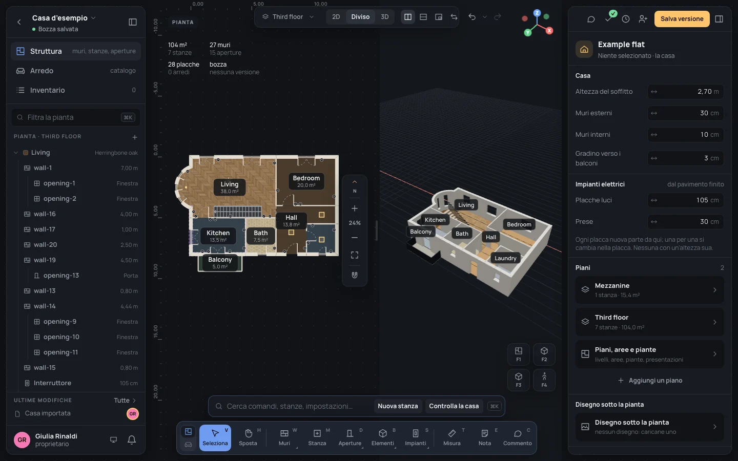 Diviso, affiancati: la pianta della Casa d’esempio a sinistra, il suo 3D a destra, i quattro punti di vista nell’angolo del 3D