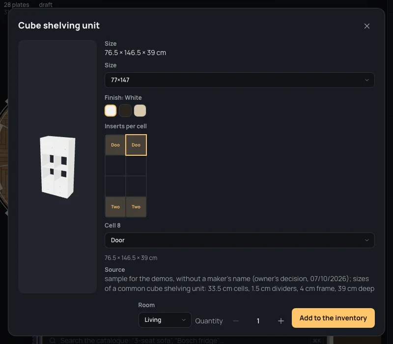 The cube shelving unit's sheet: size 77×147, finish white, Door in the two top cells and Two drawers in the two bottom ones, Room Living and Add to the inventory