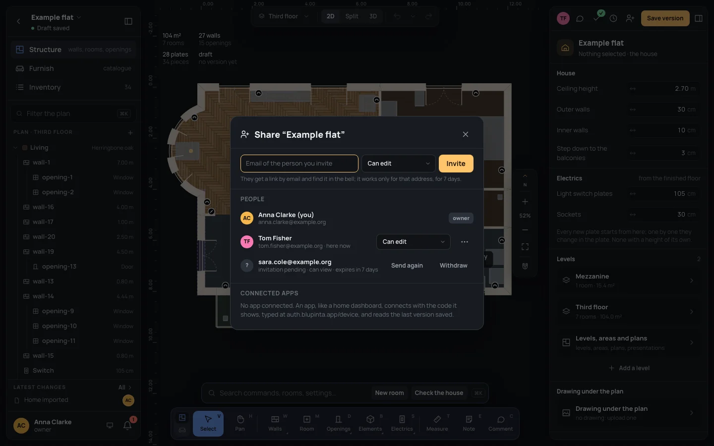 Share “Example flat”: the invitation's field, then People with the owner, Tom Fisher here now with Can edit, an invitation pending, and Connected apps