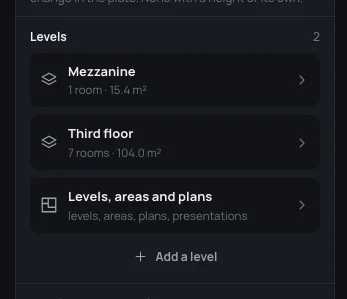 The house's Levels: Mezzanine, 1 room, 15.4 m²; Third floor, 7 rooms, 104.0 m²; Levels, areas and plans; Add a level