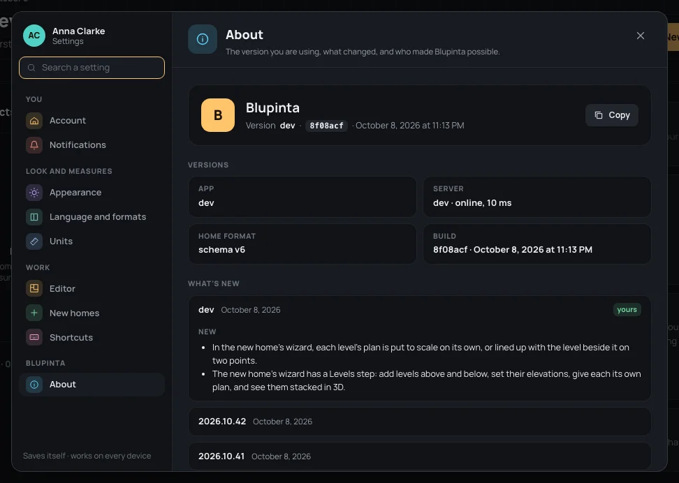 About: the version with Copy, the versions running, and What's new
