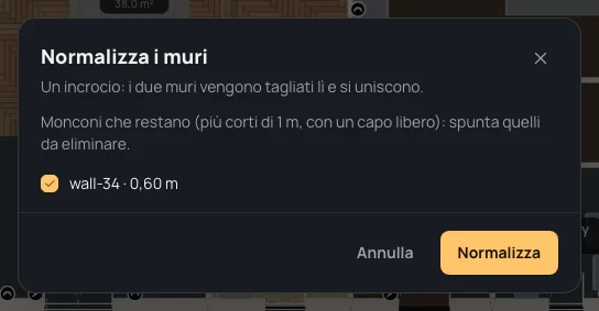 Normalizza i muri: un incrocio, e il moncone wall-34 · 0,60 m spuntato da eliminare