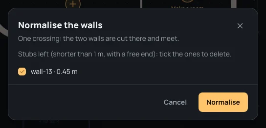 Normalise the walls: One crossing: the two walls are cut there and meet. The stub wall-13 · 0.45 m ticked to be deleted