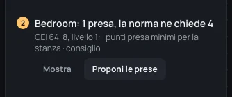 Una riga della revisione: Bedroom, 1 presa, la norma ne chiede 4, con Mostra e Proponi le prese