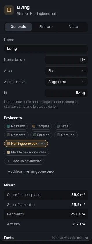 La scheda Generale del Living: Nome breve Liv, Area Flat, A cosa serve Soggiorno, Id living, con la nota che le app collegate riconoscono la stanza dal suo id