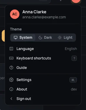 The account menu: the person's name and address, the Theme, Language, Keyboard shortcuts, Guide, Settings, About and Sign out