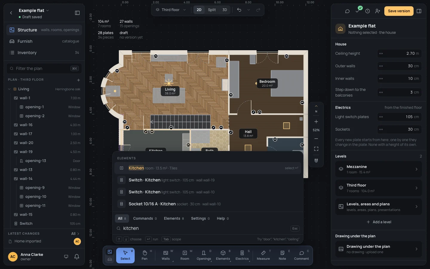 kitchen typed: the Kitchen room first, lit on the plan, then the Kitchen's switches and socket