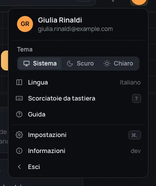 Il menu dell’account: nome e indirizzo, Tema, Lingua, Scorciatoie da tastiera, Guida, Impostazioni, Informazioni ed Esci