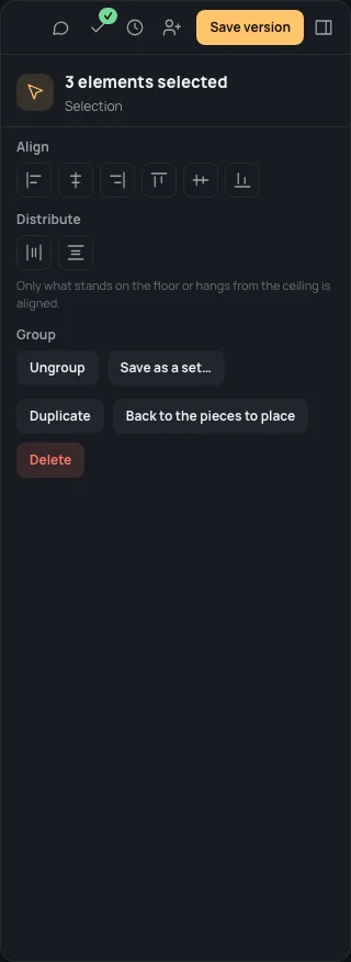 The inspector of the three kitchen cabinets just grouped: Align, Distribute, Group with Ungroup and Save as a set…, Duplicate, Back to the pieces to place, Delete