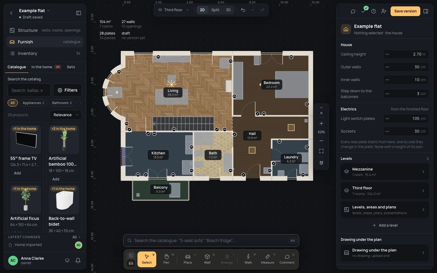 The Furnish workspace: the catalogue in the left panel, the Furnish dock at the bottom