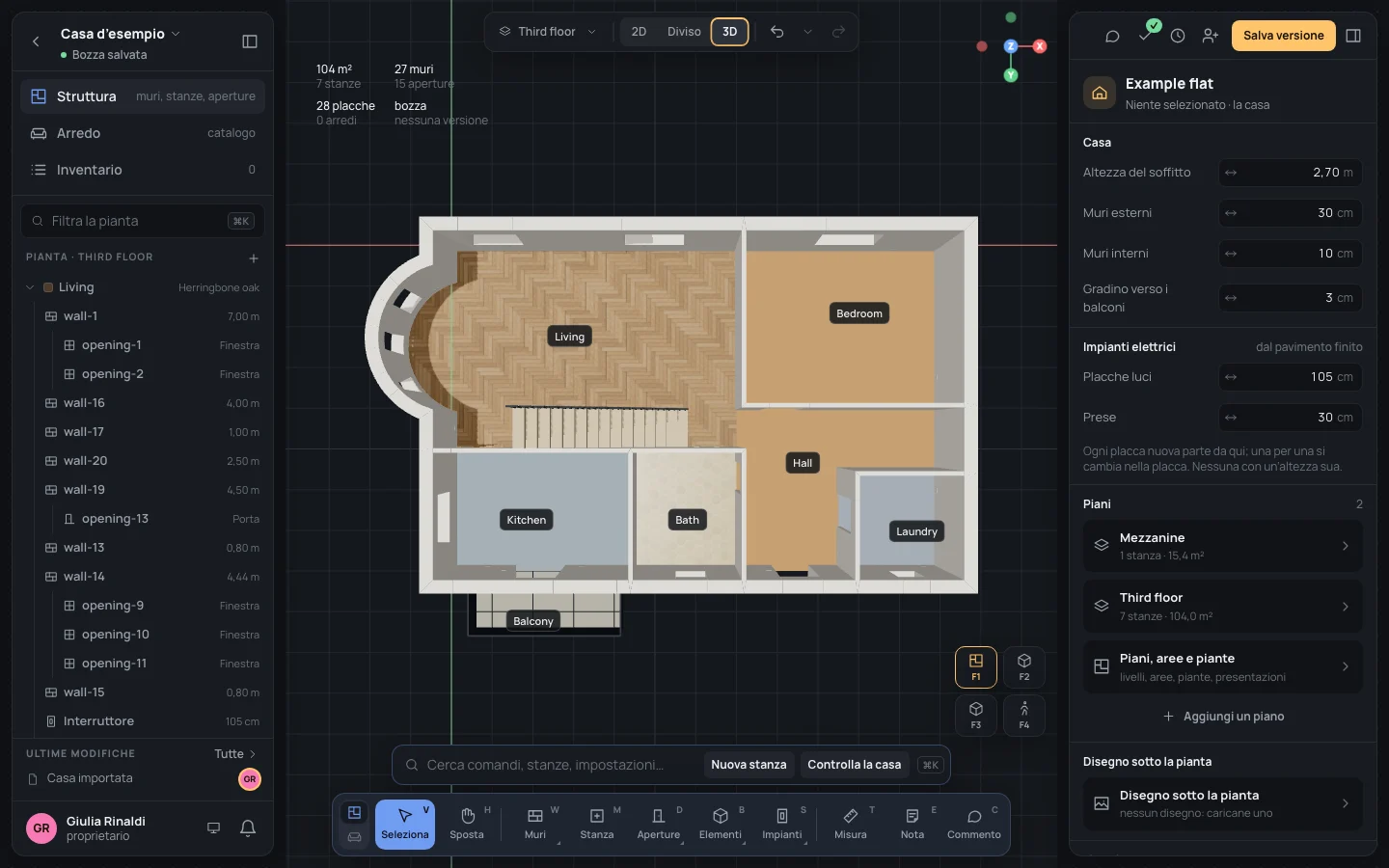Il 3D dall’alto, nord in alto: pavimenti e muri delle stanze visti proprio da sopra la casa