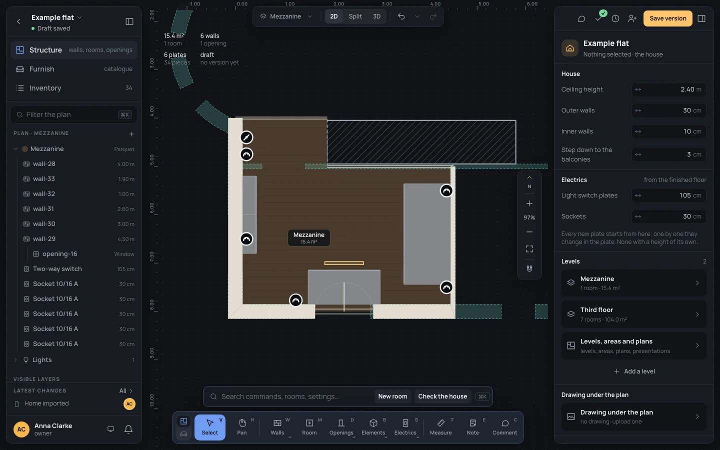The mezzanine's plan: one room of 15.4 m², the opening the stair arrives by hatched, the level below seen through