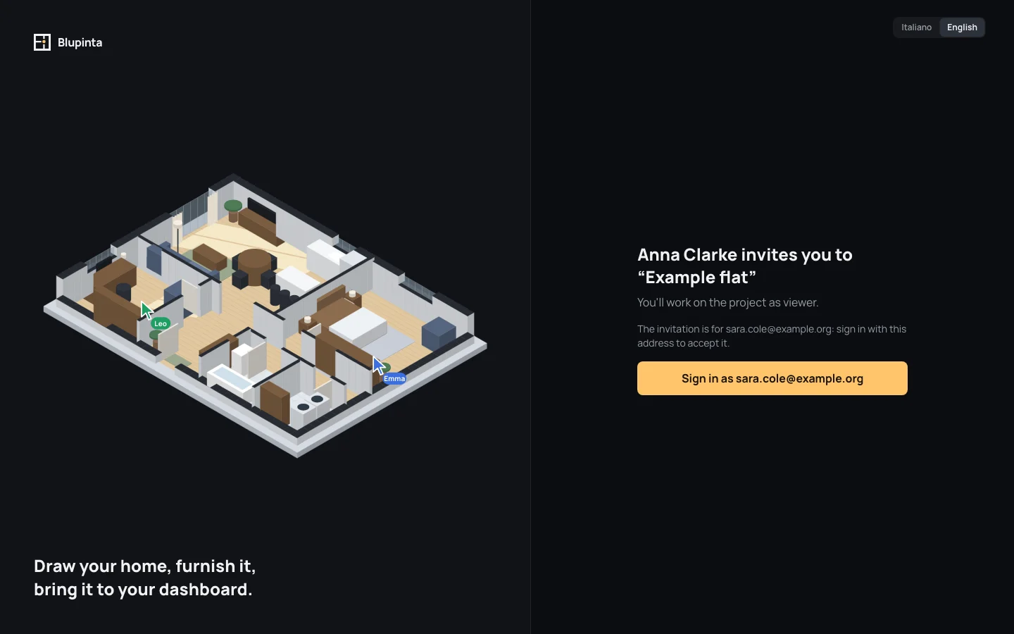 Anna Clarke invites you to “Example flat”: You'll work on the project as viewer, and Sign in as sara.cole@example.org