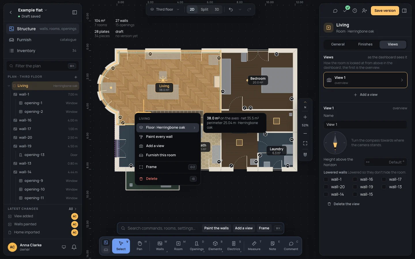 The living room's right-click menu: Floor: Herringbone oak, Paint every wall, Add a view, Furnish this room; beside it 38.0 m² on the axes, net 35.5 m²