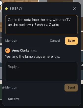 Tom Fisher's message open to edit, with Mention, Cancel and Save, above Anna Clarke's reply