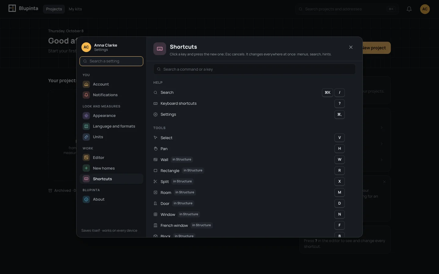 The Shortcuts page of the settings: commands by group, each with its keys