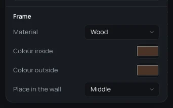 The Frame part: Material Wood, Colour inside and Colour outside in dark wood, Place in the wall Middle