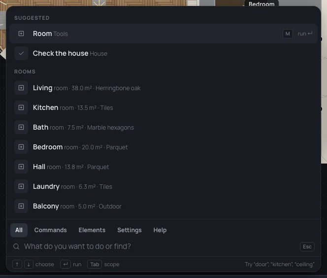 The search with nothing typed: Suggested (Room, Check the house), then the rooms of the Example flat