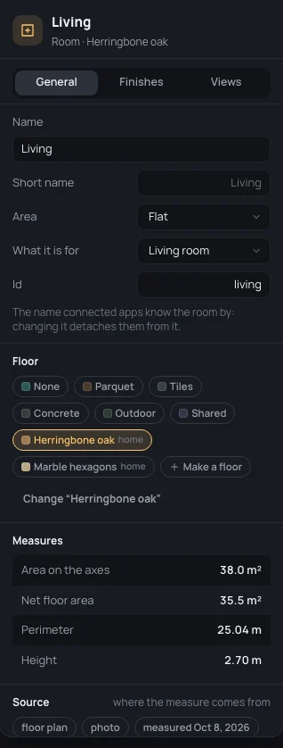 The living room's General tab: Name, Short name, Area, What it is for, Id, its floor and its measures