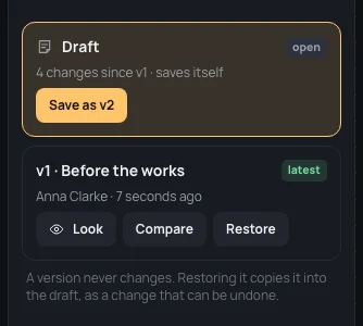 Versions: the Draft, open, 4 changes since v1, with Create v2; then v1 · Before the works, latest, by Anna Clarke, with Look, Compare and Restore