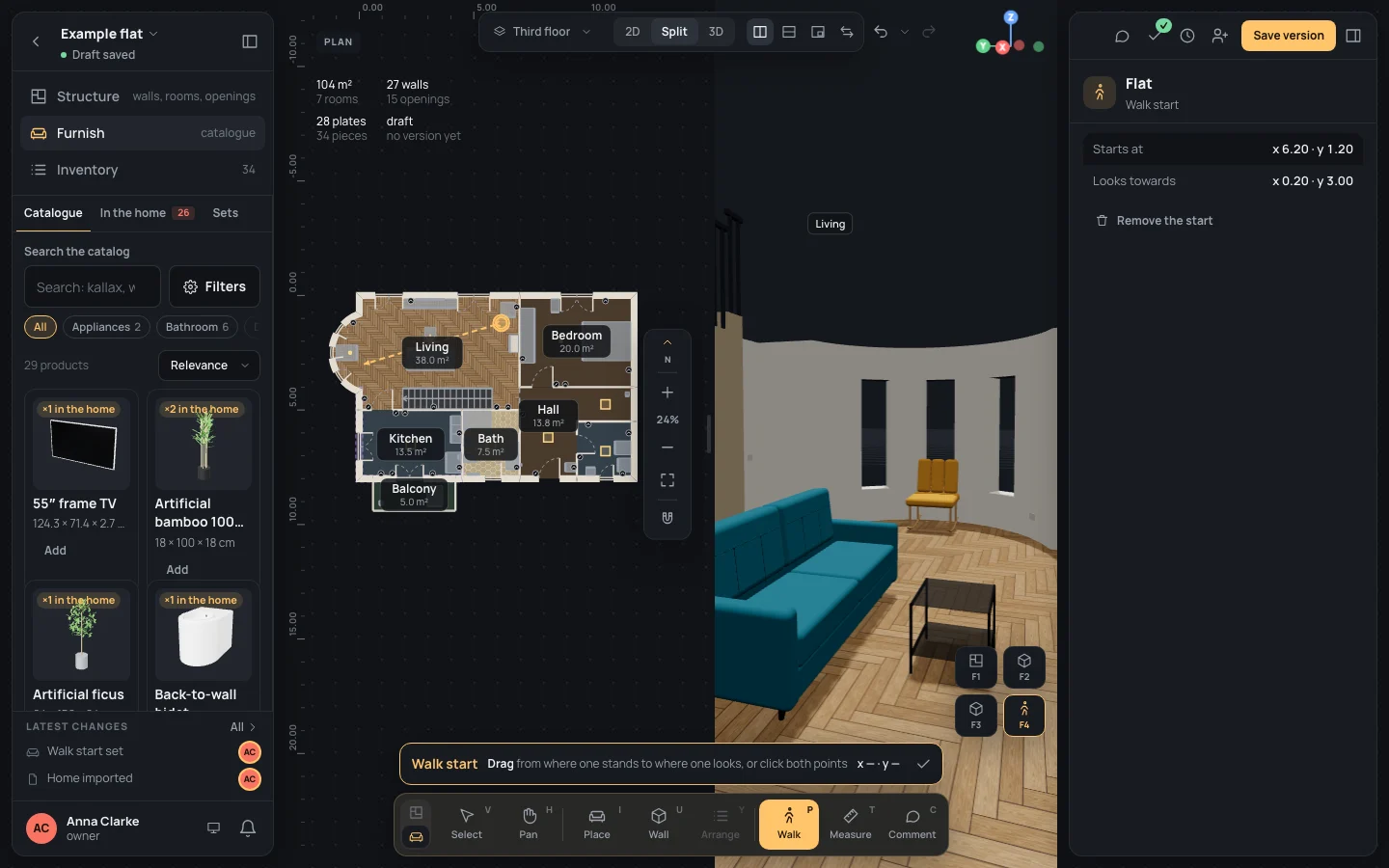 Plan and 3D side by side: the 3D in first person from the walk start, the living room's bay with its windows, the sofa and the coffee table in front