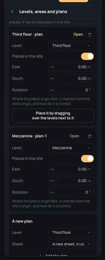 The Plans part: the third floor's plan, open, placed in the site at 0.00 m east, 0.00 m south and 0°; the mezzanine's plan with Open