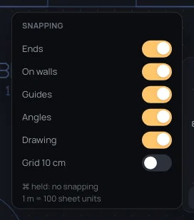 The snapping switches: Ends, On walls, Guides, Angles, Drawing, Grid 10 cm; ⌘ held: no snapping
