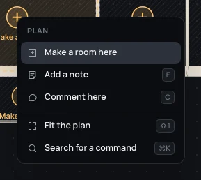 The right click on a region with no room: Make a room here, Add a note, Comment here