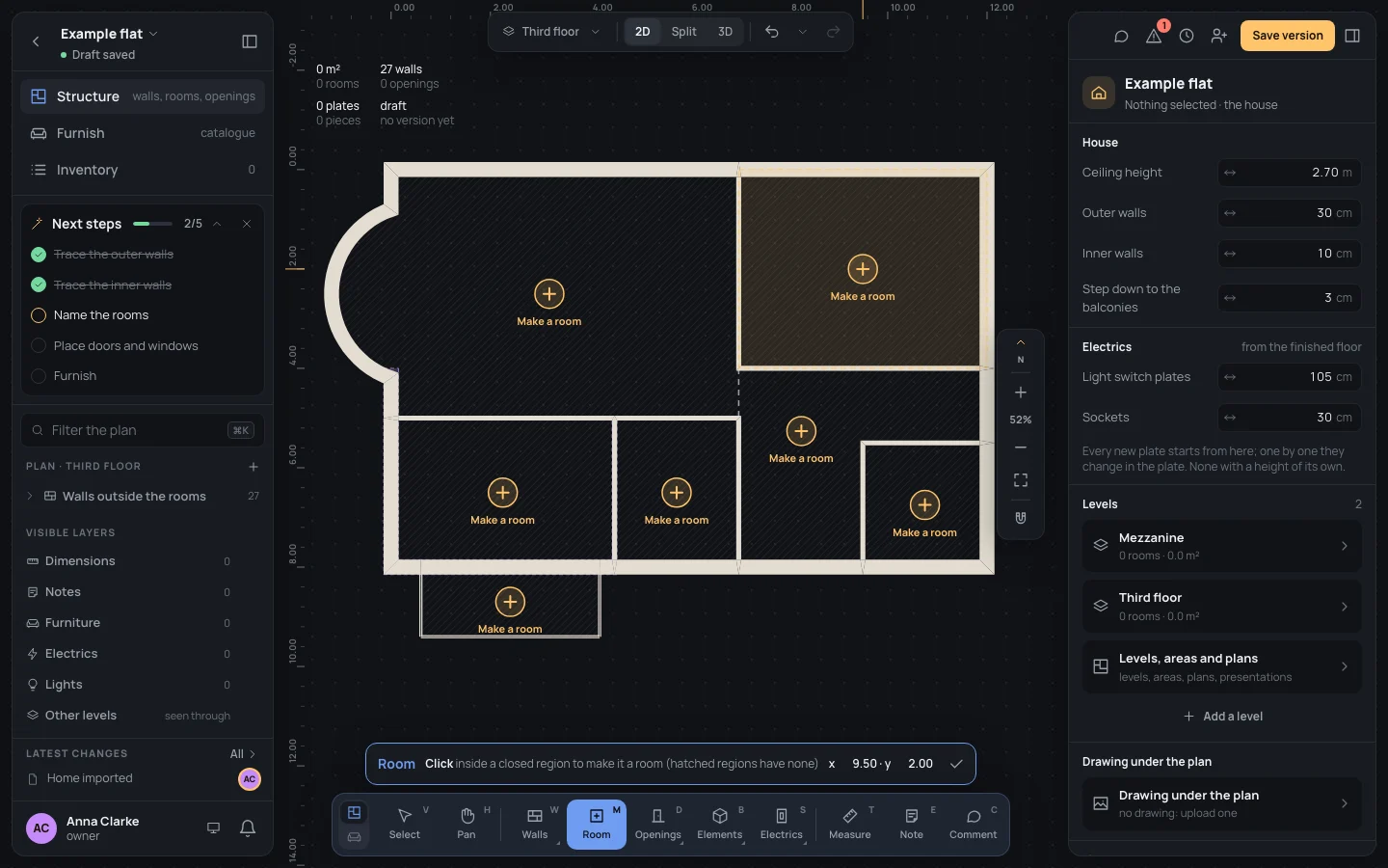The Room tool on: the bedroom's region lit up under the pointer