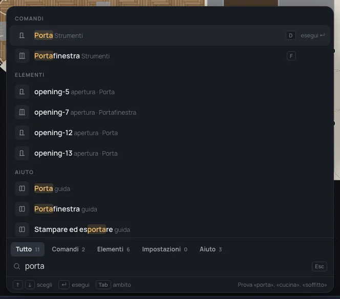 porta scritto: Tutto, Comandi ed Elementi con quanti ne trovano; i comandi Porta e Portafinestra con i loro tasti, poi le aperture della pianta