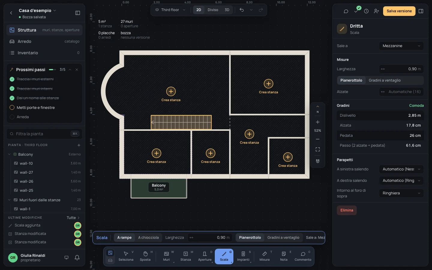La scala selezionata: Dritta, Sale a Mezzanine, Larghezza 0,90 m, Automatiche (16), Dislivello 2,85 m, Alzata 17,8 cm, Pedata 26 cm, Passo 61,6 cm, i parapetti, Comoda