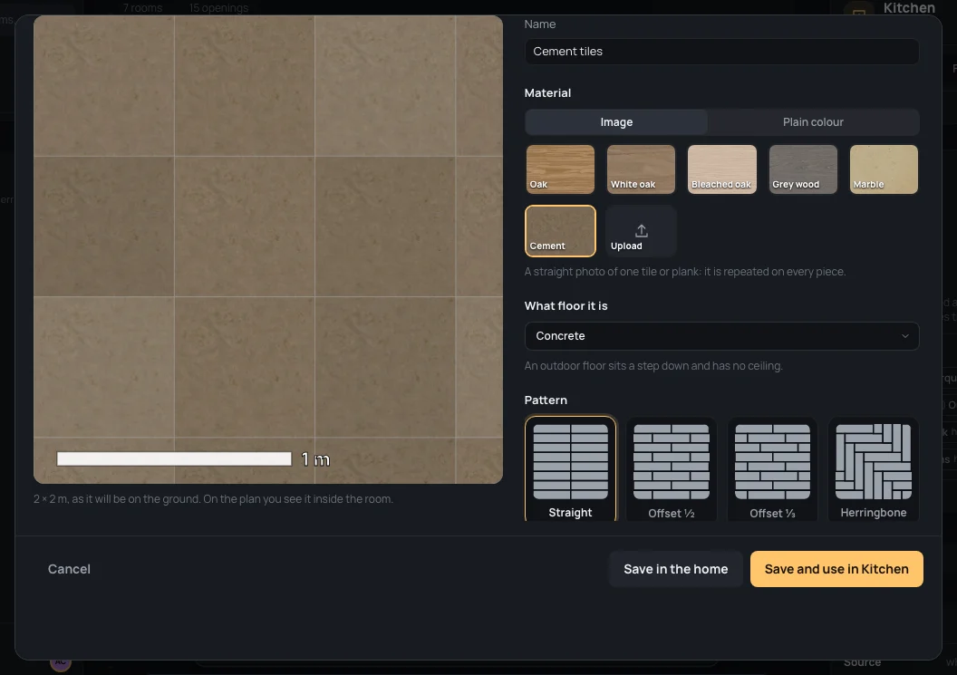 Make a floor: the 2 × 2 m preview of cement tiles 60 × 60 cm, laid straight; on the right Name, Material with the samples, What floor it is, Pattern