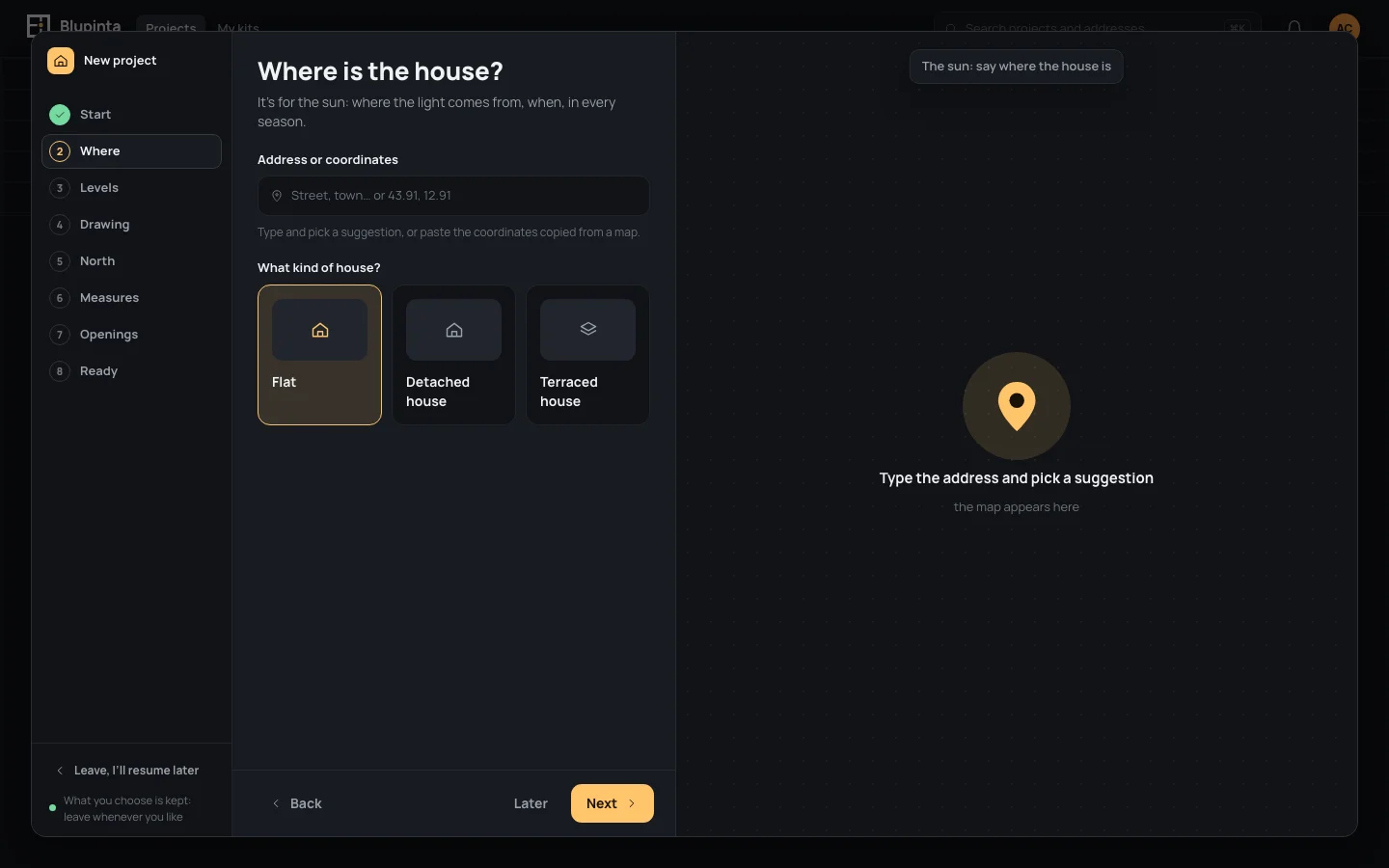 Where is the house? The address field empty, Flat chosen, on the right the big pin waiting for a place