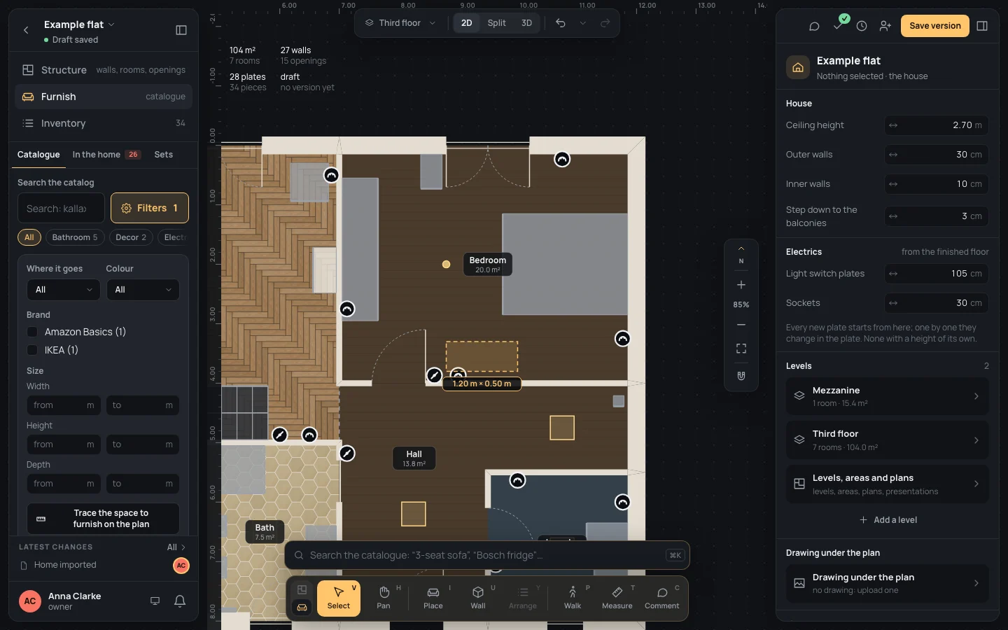 The space traced on the plan, the chip Fits 120 × 50 × 270 cm in the catalogue and 72 products left