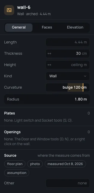 The bay's inspector: wall-6, Wall · arched · 4.44 m, Thickness 30 cm, Curvature bulge 120 cm, Radius 1.80 m