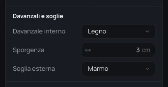 La parte Davanzali e soglie: Davanzale interno in Legno con una Sporgenza di 3 cm, Soglia esterna in Marmo