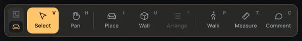Furnish's dock: Select, Pan, Place, Wall, Arrange (greyed), Walk, Measure, Comment, each with its key