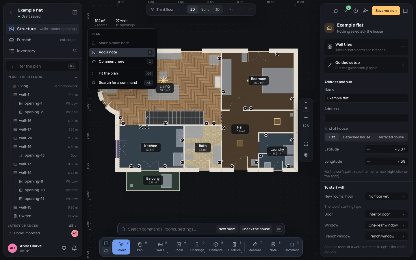 The right-click menu on nothing: Make a room here, Add a note, Comment here, Fit the plan, Search for a command