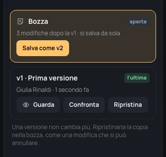 Versioni: la bozza, aperta, con 3 modifiche dopo la v1 e Crea la v2; poi v1 · Prima versione, l’ultima, di Giulia Rinaldi, con Guarda, Confronta e Ripristina
