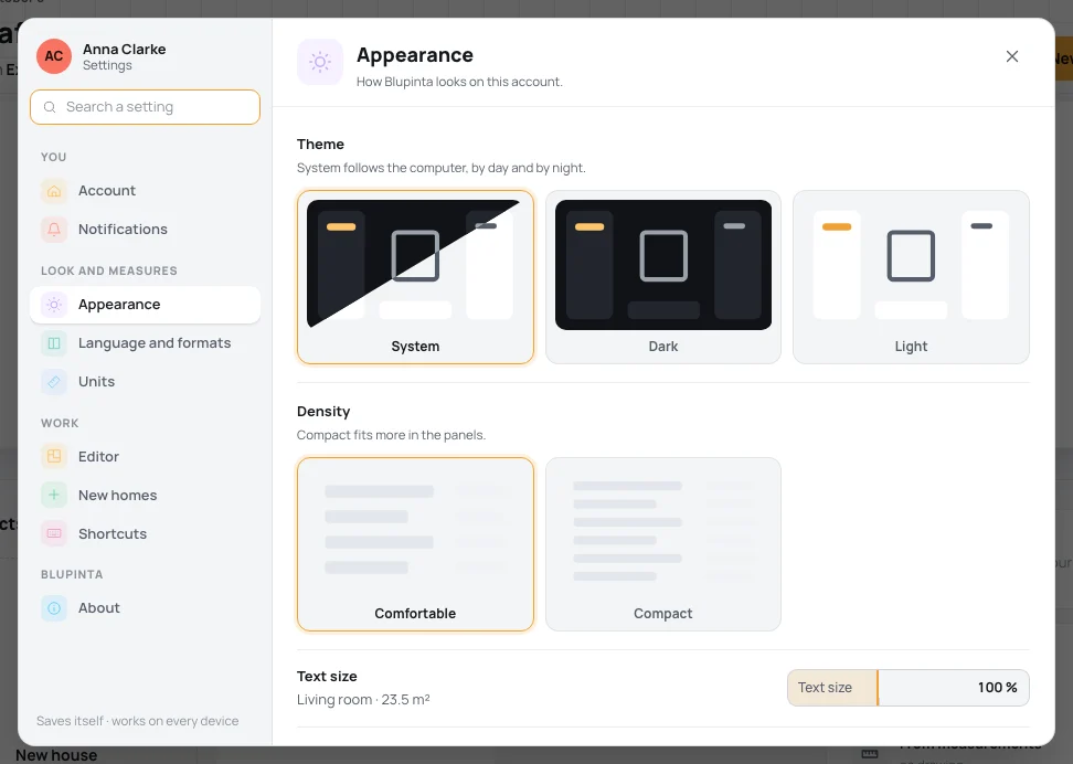 Appearance: the Theme, Density, Text size and Room colours